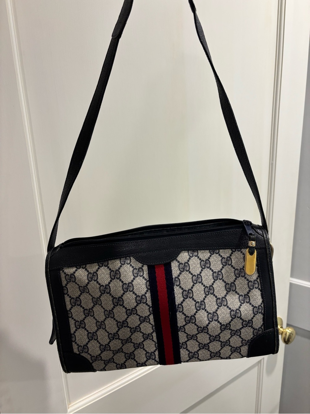 Gucci GG Plus Ophidia Vintage Bag with Navy Trim and Red-Blue Stripe